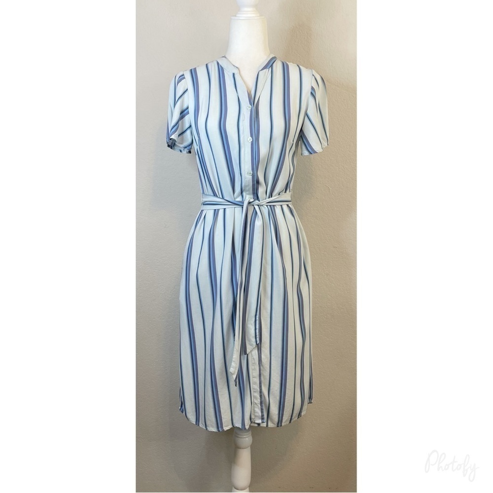 Jamie and Layla Longline Blue Beachy Stripe Button Front Shirt Dress Sz Small
